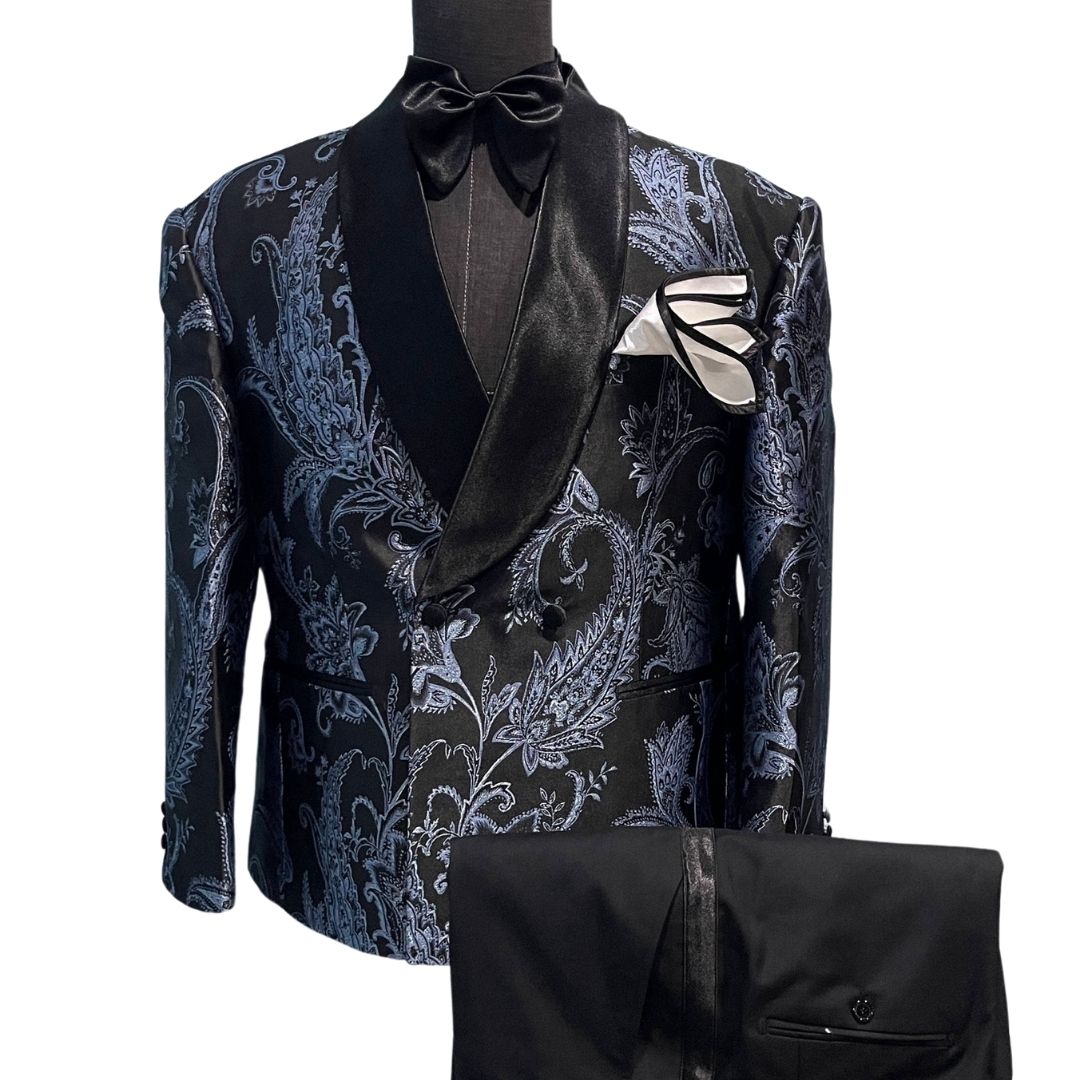 BLACK AND BLUE JAQUARD 3-PIECE SUIT