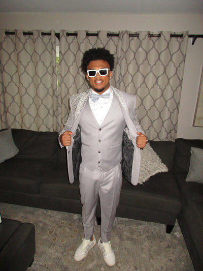 Grey 3-piece suit with crystal embellishments