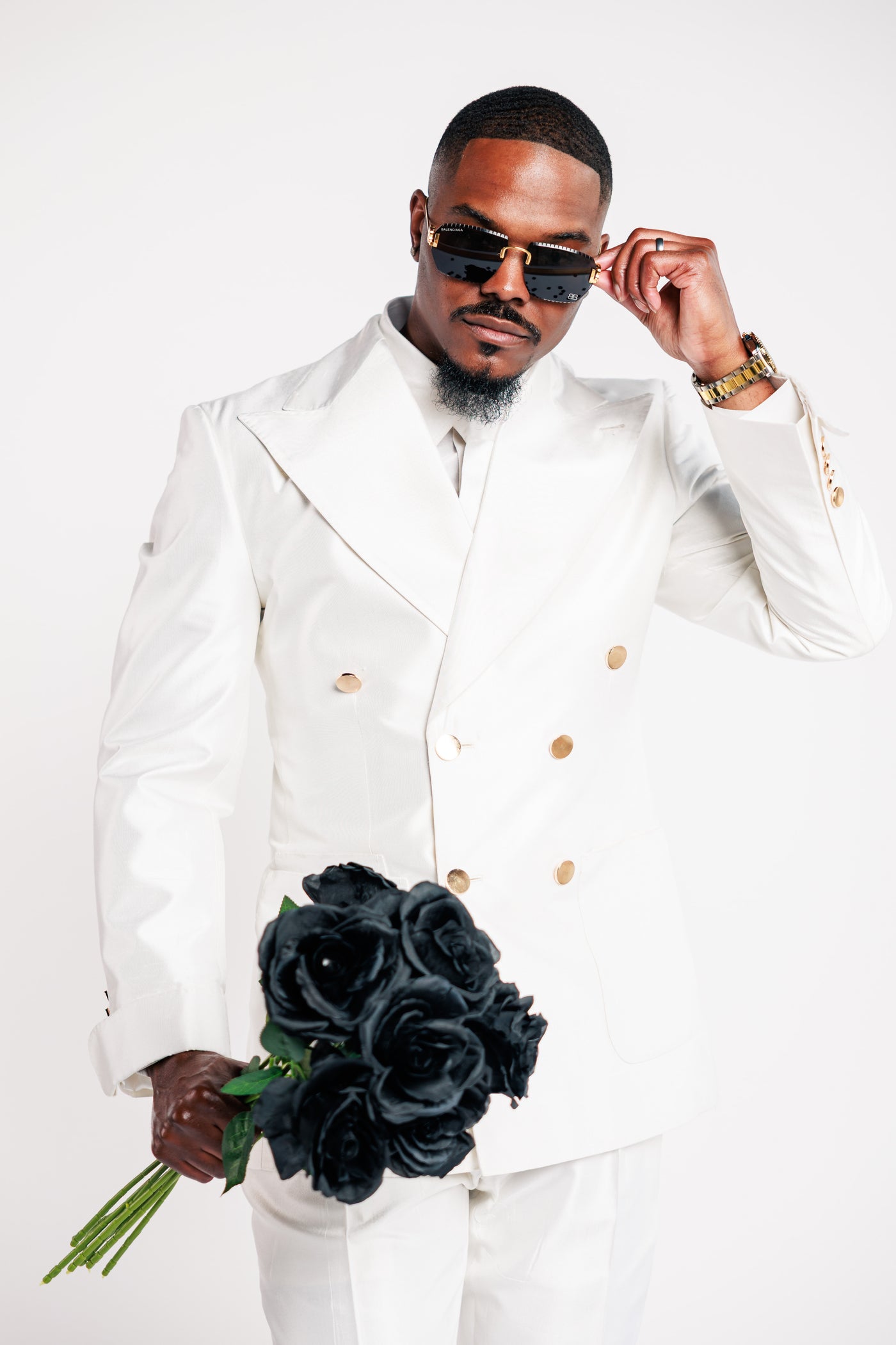 White Shiny Suit with Gold Buttons