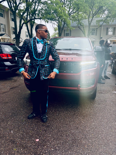 Black and Turquoise Print Suit
