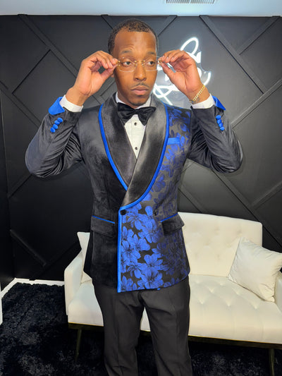 Black Velvet and Blue Flower Print Suit