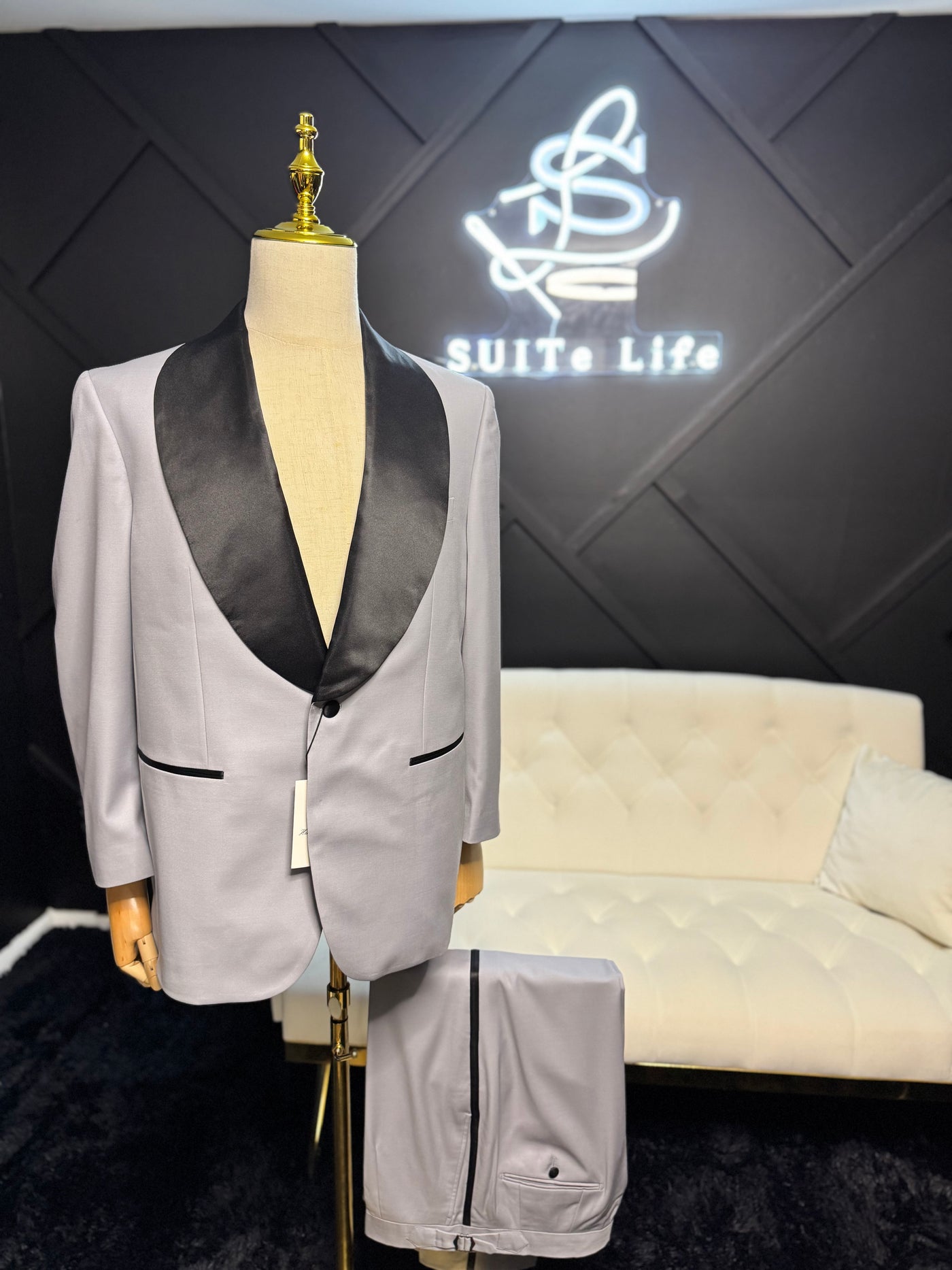 Grey Suit with Satin Black Lapel