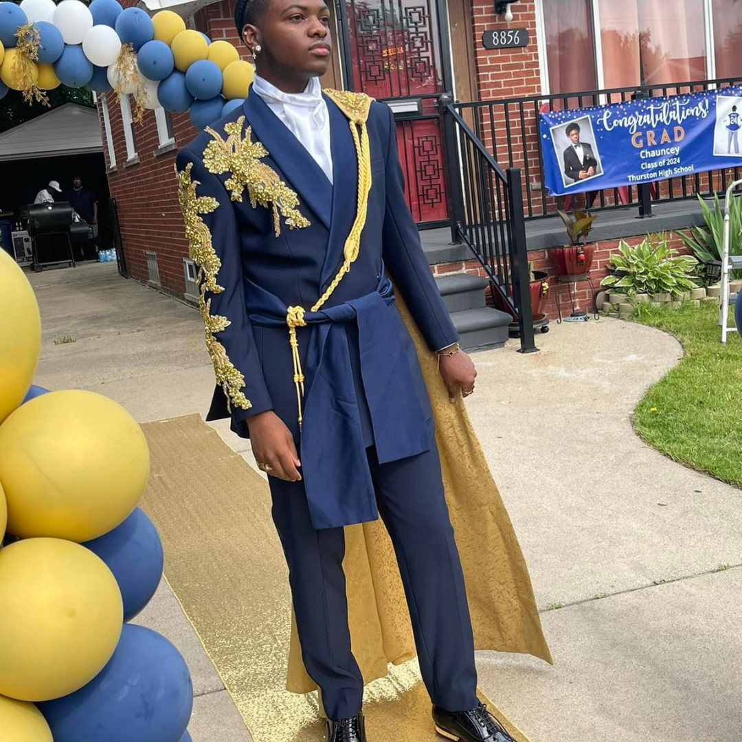 NAVY BLUE SUIT WITH GOLD ROPE AND GOLD EMBELLISHMENTS
