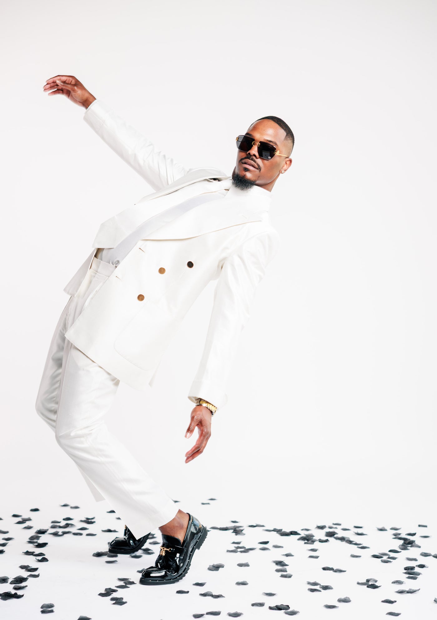 White Shiny Suit with Gold Buttons