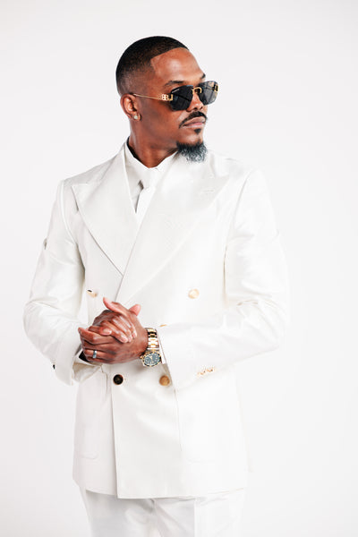 White Shiny Suit with Gold Buttons