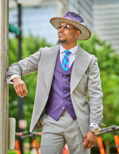 Grey pinstripe suit