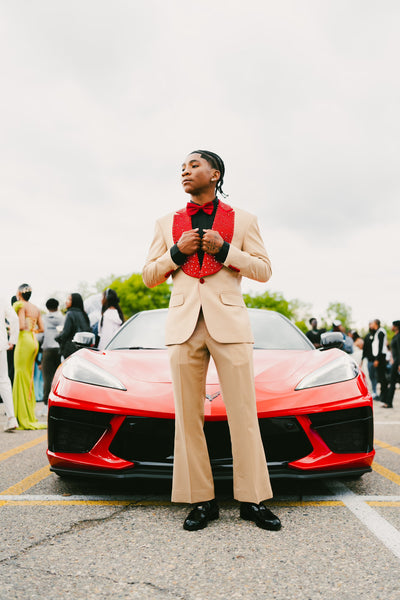 Tan suit with red crystalized lapel