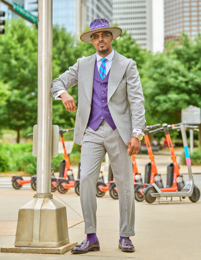 Grey pinstripe suit