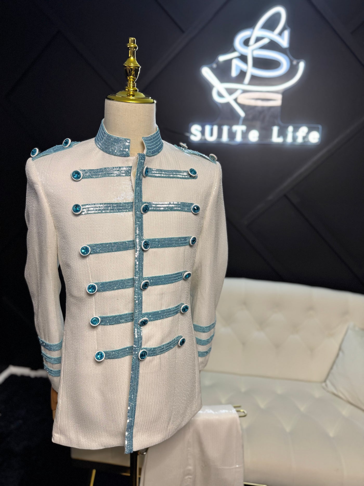 White & Blue Sequin Military Jacket