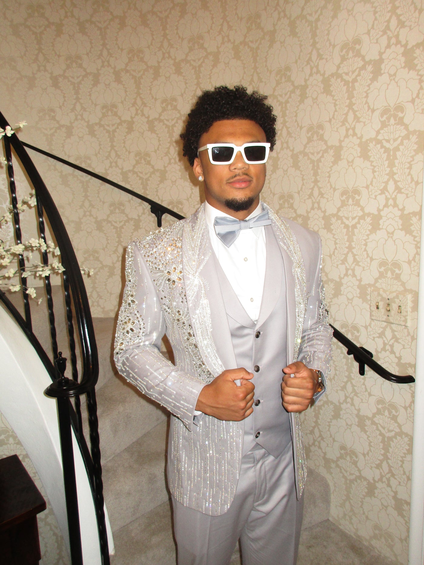 Grey 3-piece suit with crystal embellishments