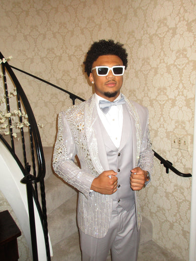 Grey 3-piece suit with crystal embellishments