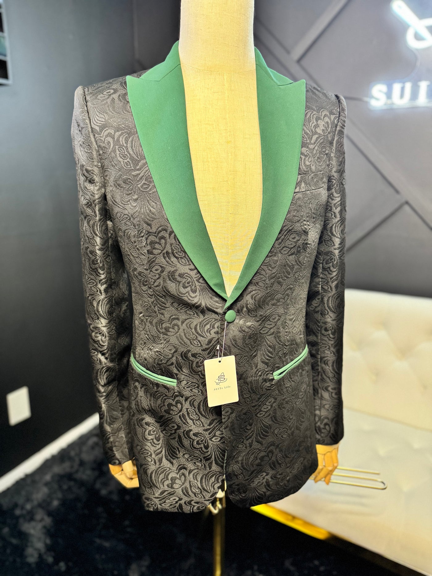 Black butterfly jacquard blazer with green lapel
