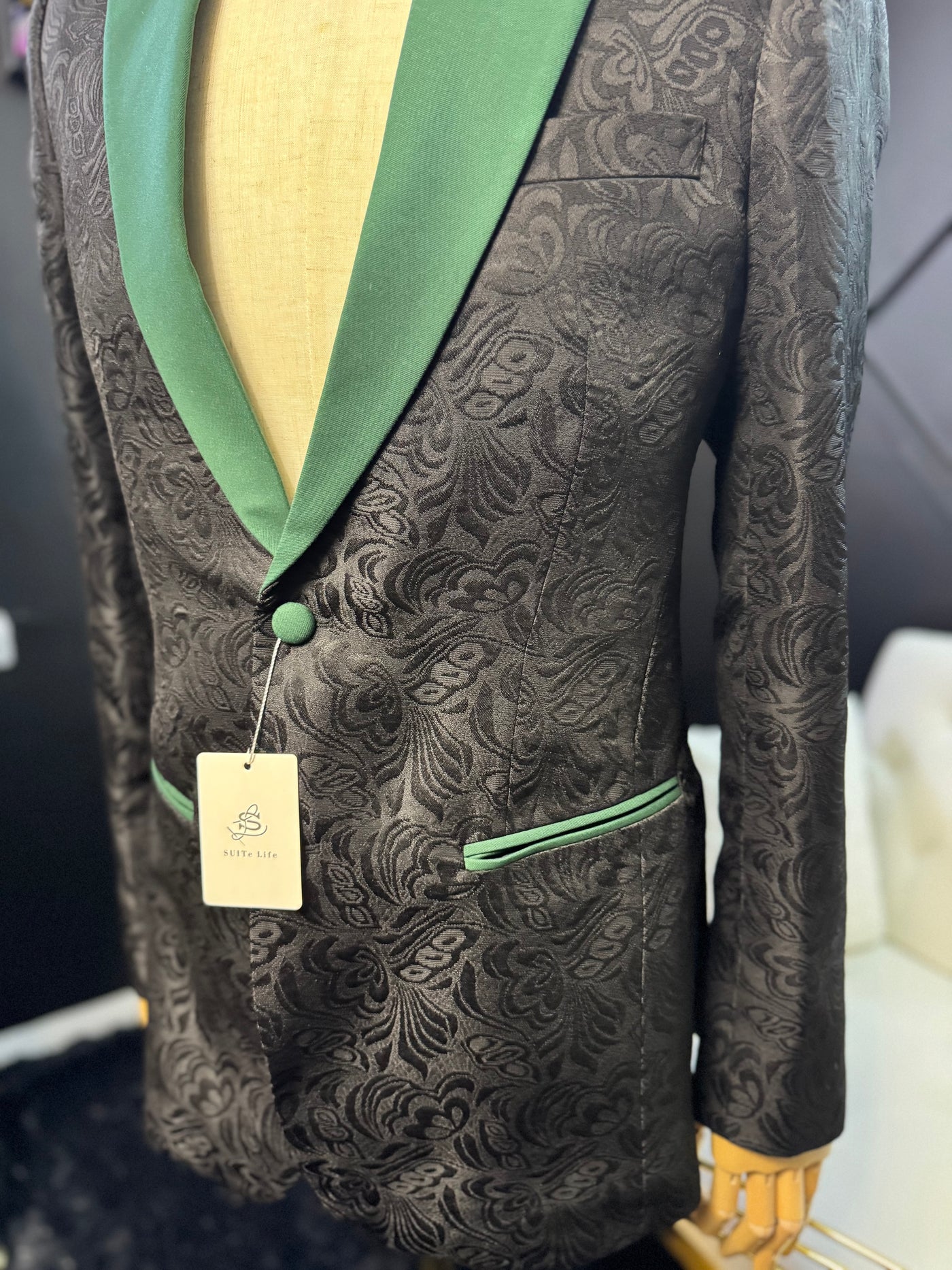 Black butterfly jacquard blazer with green lapel