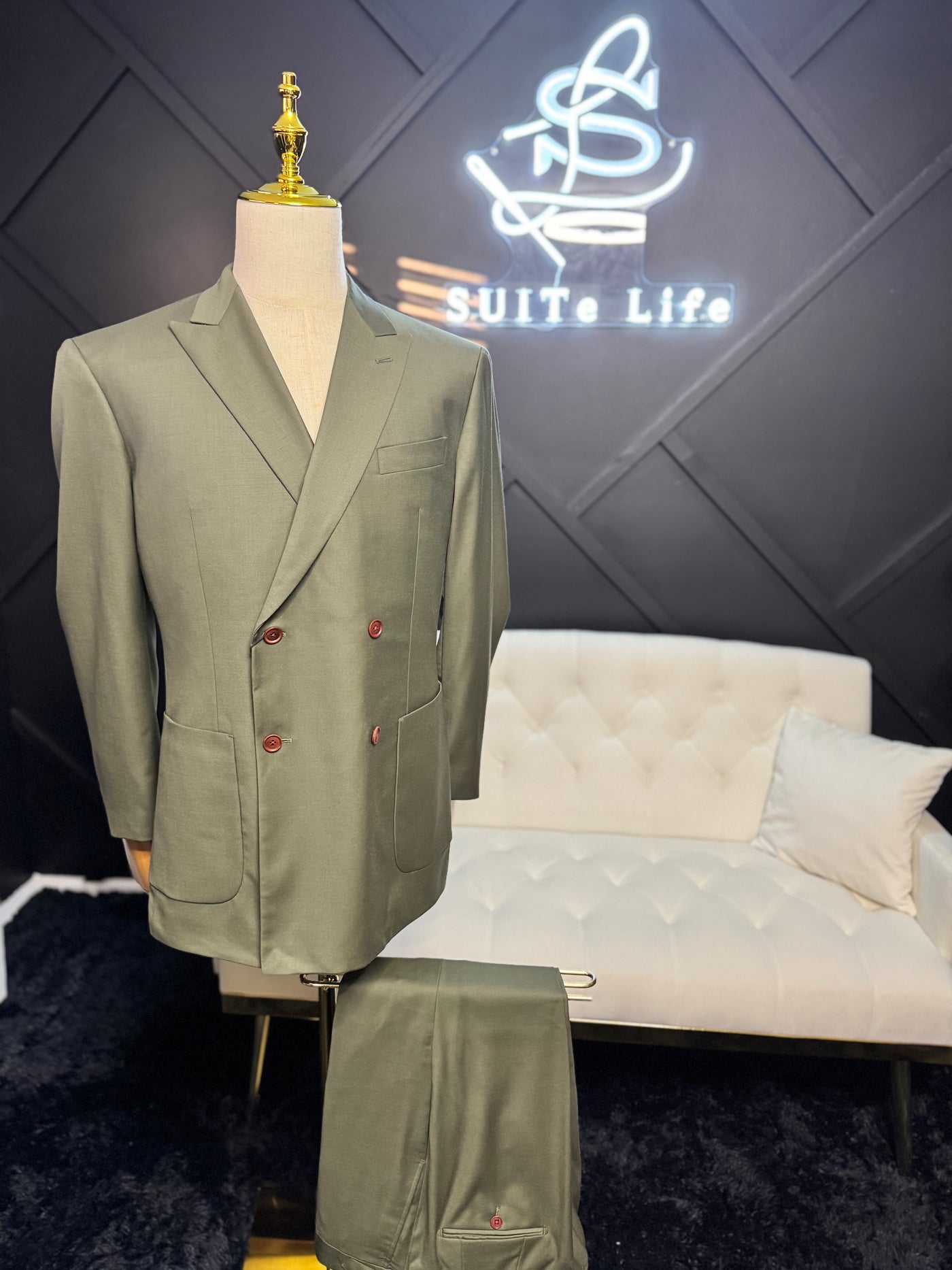 Olive Green Suit w/ Brown Buttons