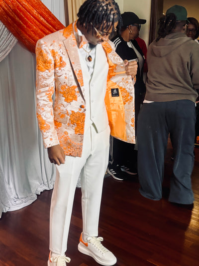 Orange flowery jacquard blazer