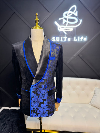 Black Velvet and Blue Flower Print Suit