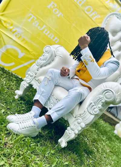 White and yellow Chrome Hearts suit