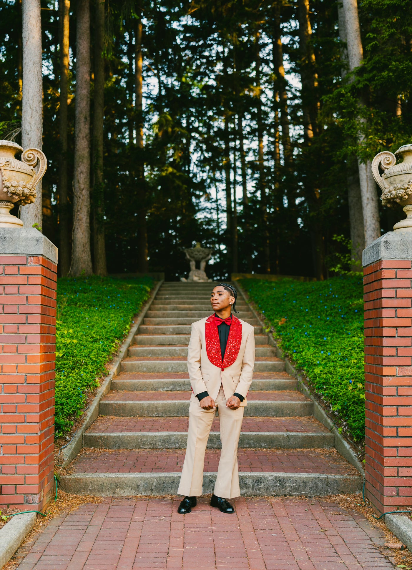 Tan suit with red crystalized lapel