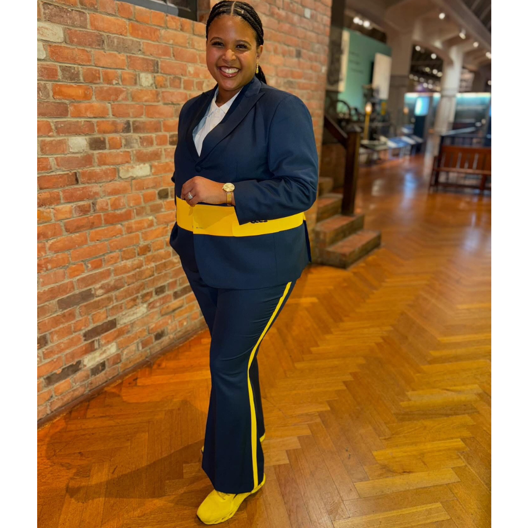 Blue and yellow stripe suit (University of Michigan-themed)